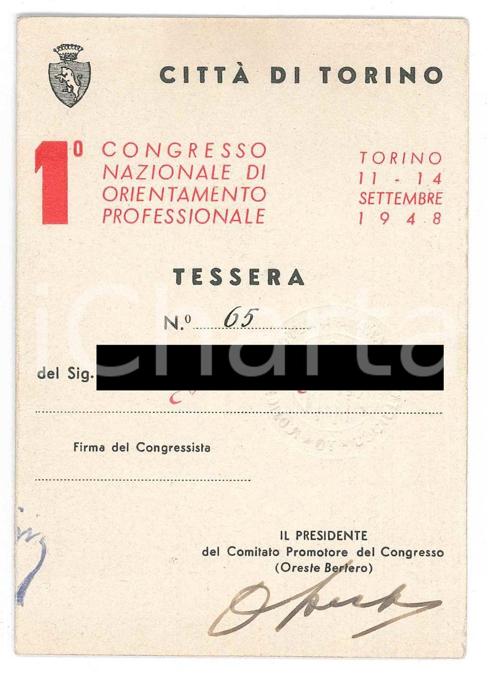 Oggetto da collezione cartaceo 1948 TORINO  I° Congresso Nazionale di orientamento professionale  Tessera 1