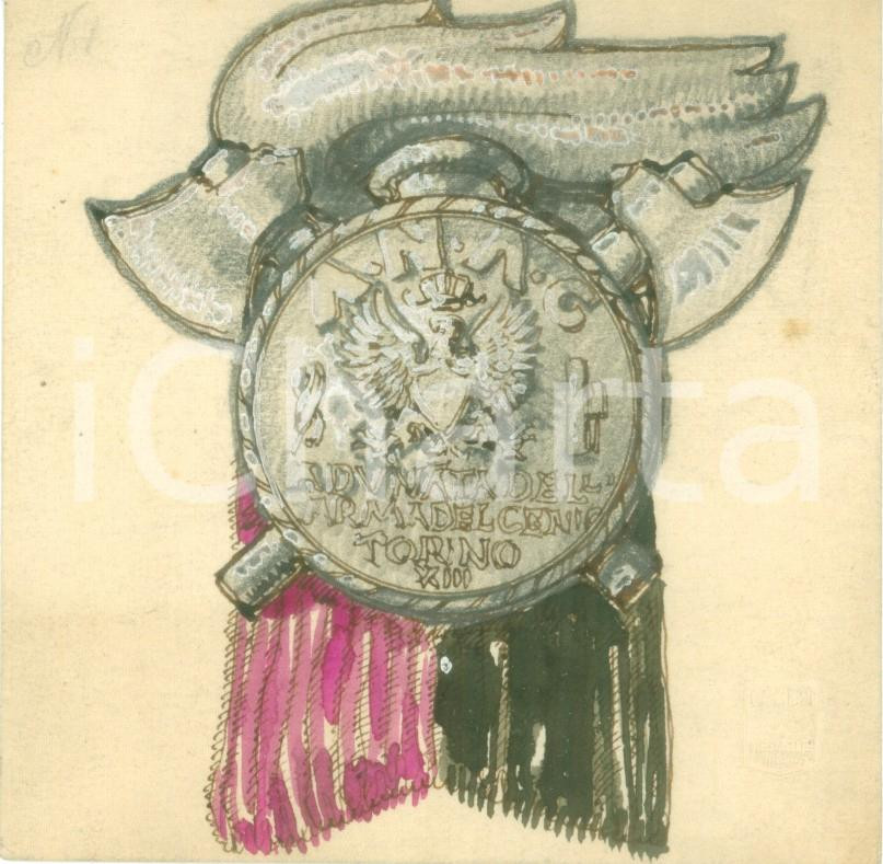 Stampa, bozzetto originale 1935 TORINO Adunata Arma del Genio Bozzetto DISEGNATO A MANO per medaglia 2 1