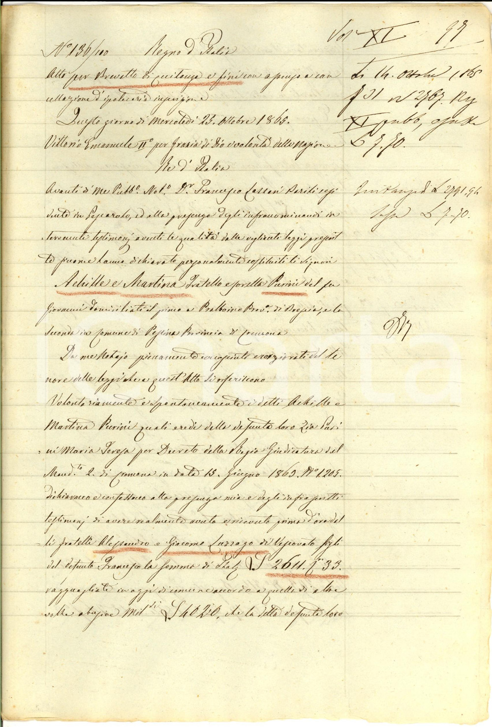 Documento originale, autentico 1865 CREMONA Quietanza Achille e Martina PARINI pro Marianna PASSERI Documento 1