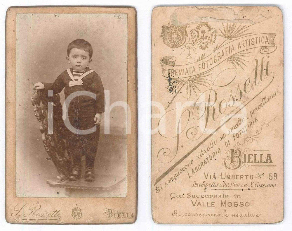 Fotografia d epoca originale 1900 ca BIELLA Bambino vestito alla marinara  Ritratto Foto S. ROSSETTI CDV 1
