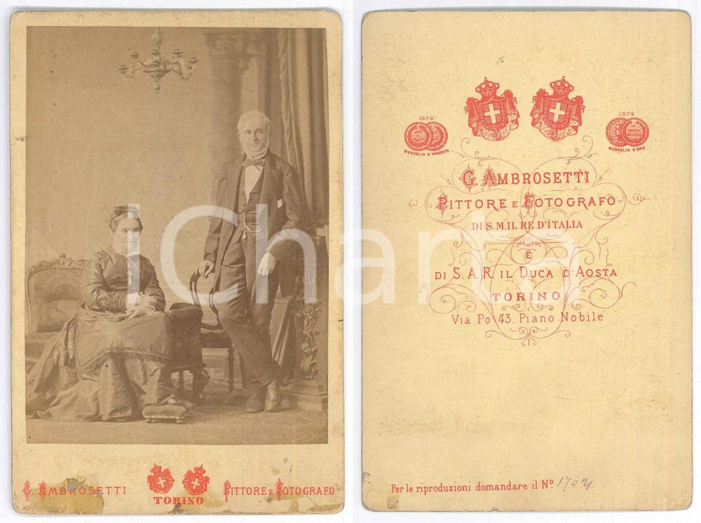 Fotografia d epoca originale 1875 ca TORINO Coppia di nobili  Ritratto  Foto G. AMBROSETTI 11x16 cm 1