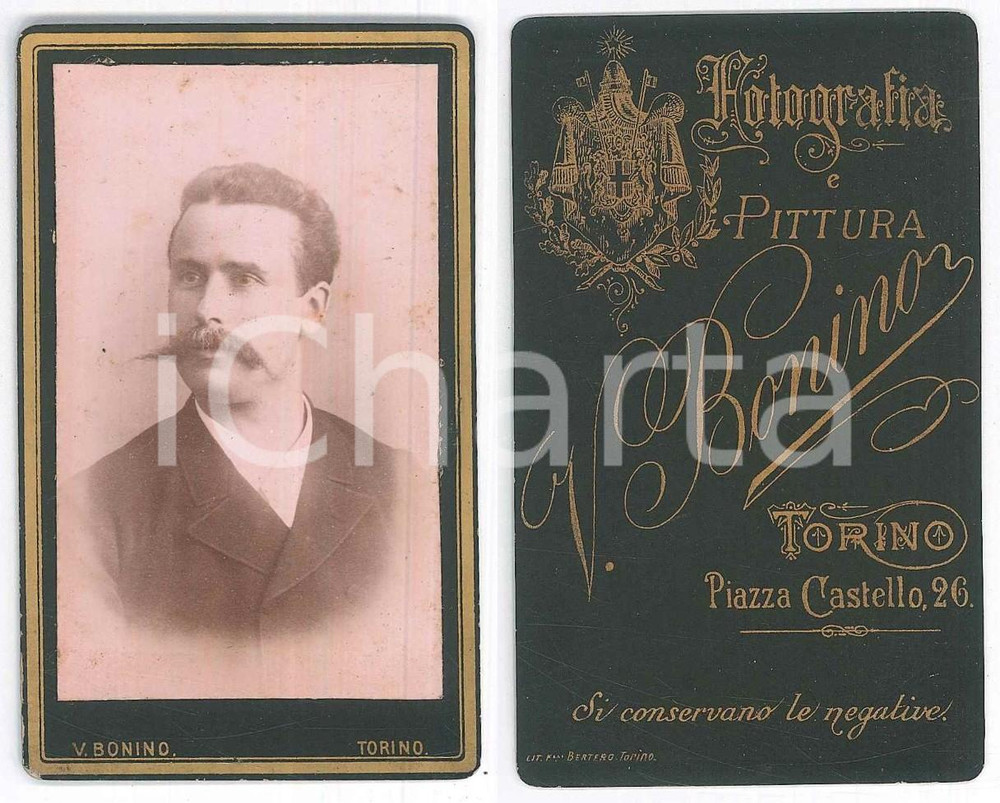Fotografia d epoca originale 1890 ca TORINO Ritratto maschile  Busto  Foto Virginio BONINO CDV 1