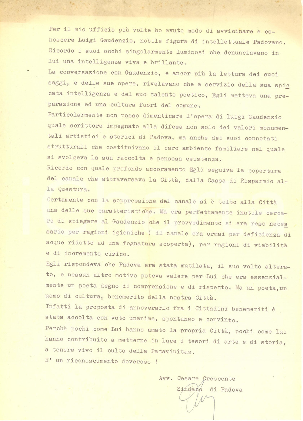Autografo originale 1965 ca PADOVA Sindaco Cesare CRESCENTE pro Luigi GAUDENZIO AUTOGRAFO 1