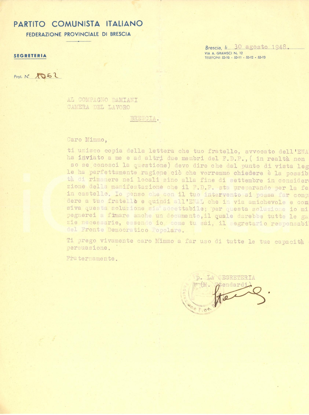 Autografo originale 1948 BRESCIA Lettera Mario STENDARDI  Federazione Provinciale PCI  AUTOGRAFO 1