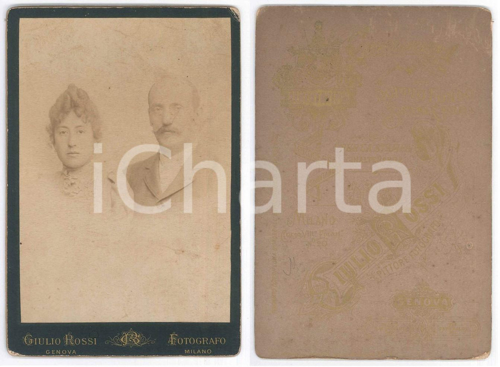 1890 ca Ritratto di due coniugi - Busto *Foto Giulio ROSSI 11x16 cm  Fotografia d'epoca, su cartoncino rigido.FOTOGRAFO: Giulio Rossi - Genova / Milano GOOD/buono minime abrasioni angolari Formato: 11x16 cm originale e autentica 1