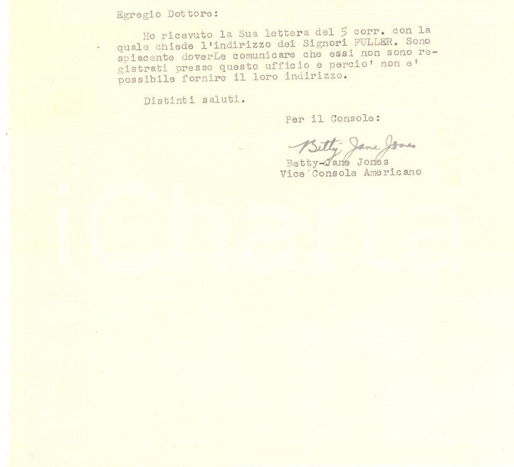 Autografo originale 1957 VENEZIA Consolato Americano  Lettera Betty Jane JONES Autografo 1