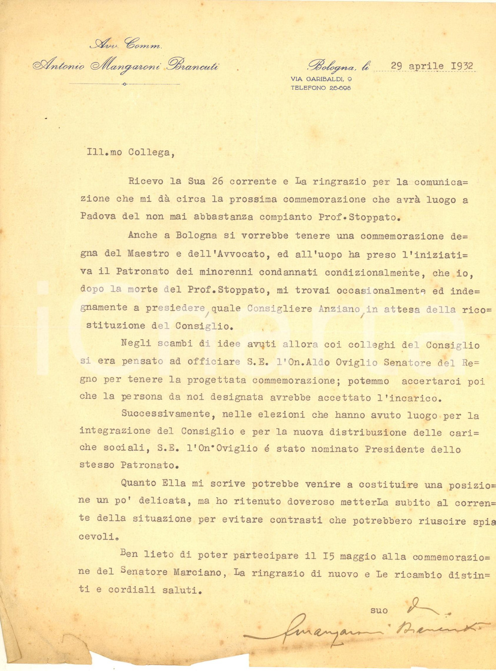 Autografo originale 1932 BOLOGNA Lettera Antonio MANGARONI BRANCUTI per commemorazione  Autografo 1