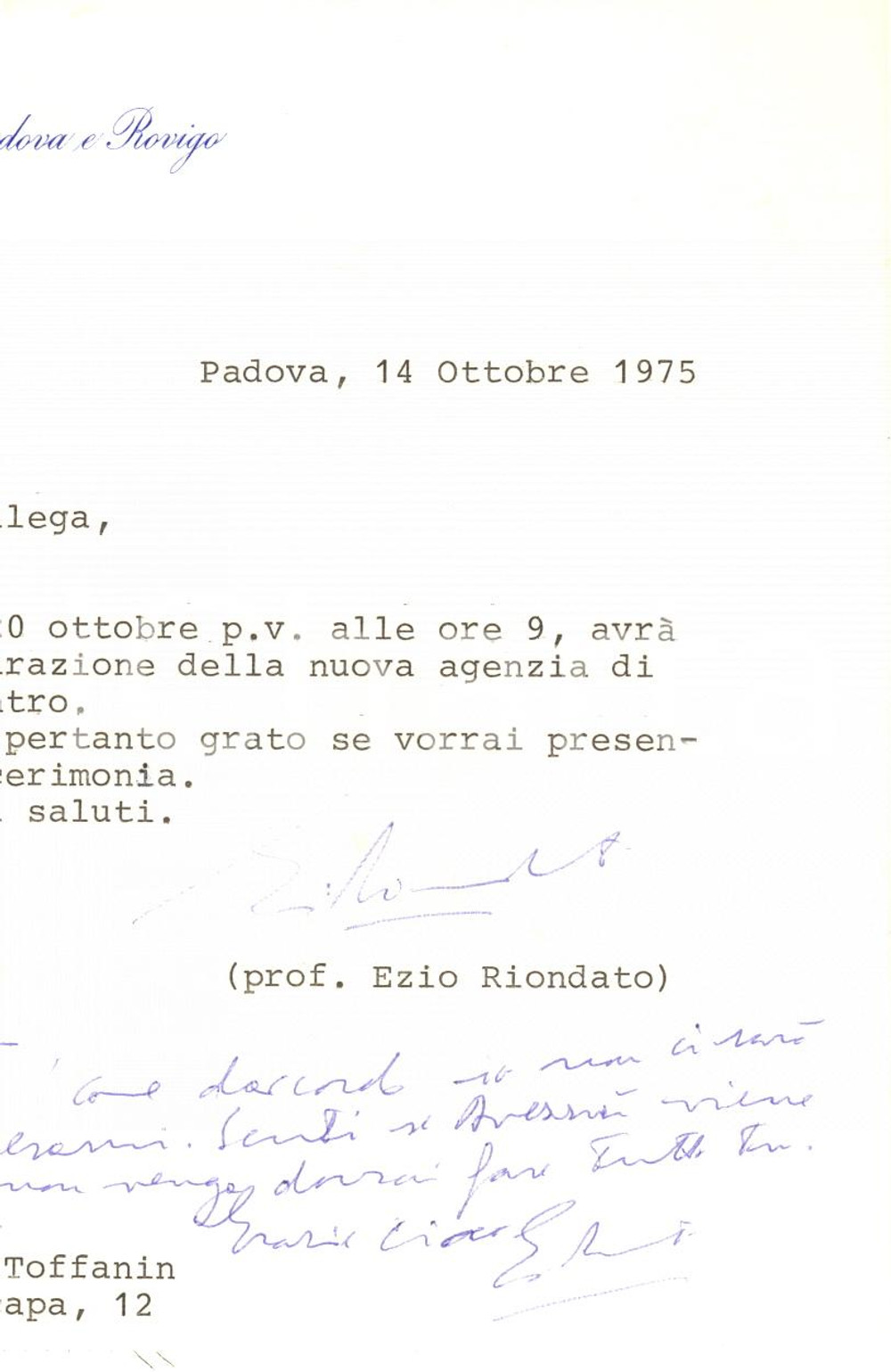 Autografo originale 1975 PADOVA Lettera Ezio RIONDATO per inaugurazione nuova agenzia  AUTOGRAFO 1