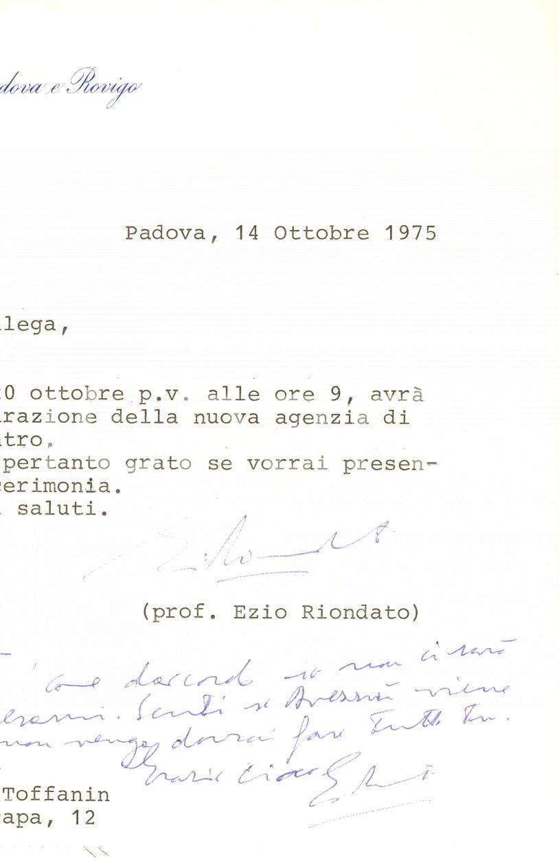 Autografo originale 1975 PADOVA Lettera Ezio RIONDATO per inaugurazione nuova agenzia  AUTOGRAFO 1