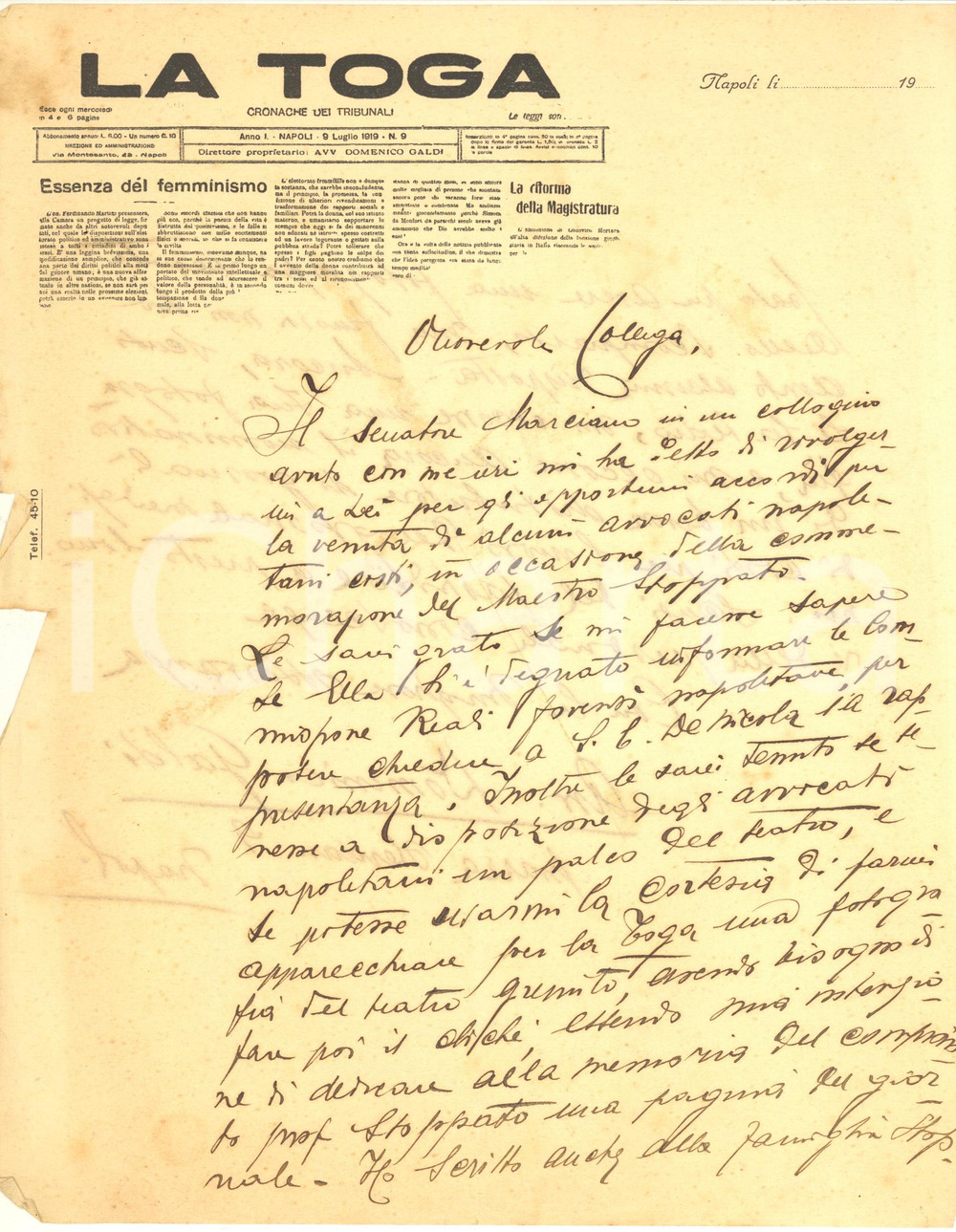 Autografo originale 1932 NAPOLI  LA TOGA  Lettera direttore Domenico GALDI per cerimonia AUTOGRAFO 1