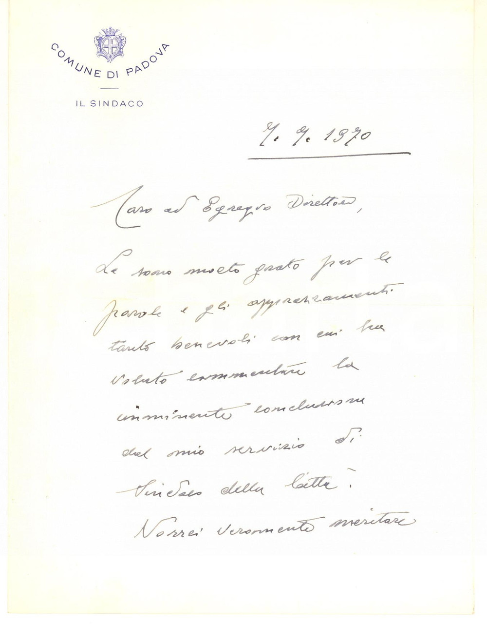 Autografo originale 1970 PADOVA Sindaco Cesare CRESCENTE  Lettera a fine mandato AUTOGRAFO 1