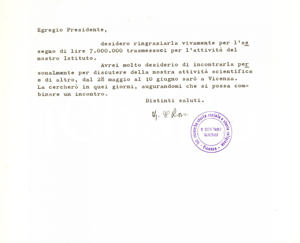 Autografo originale 1976 VICENZA Lettera Gabriele DE ROSA  Istituto Storia Sociale Autografo 1