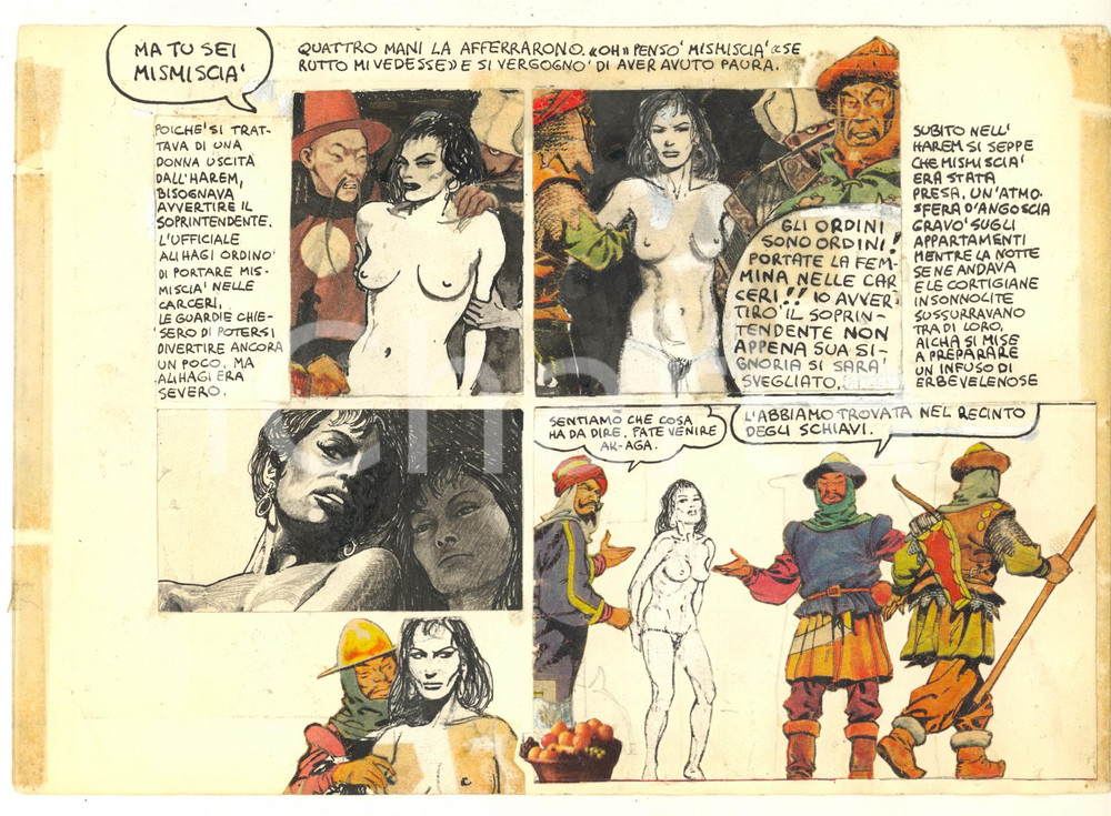 Stampa, bozzetto originale 1970 ca ITALIA  CULTURA POP  EROTISMO  Nude woman captured Collage 24x17 1