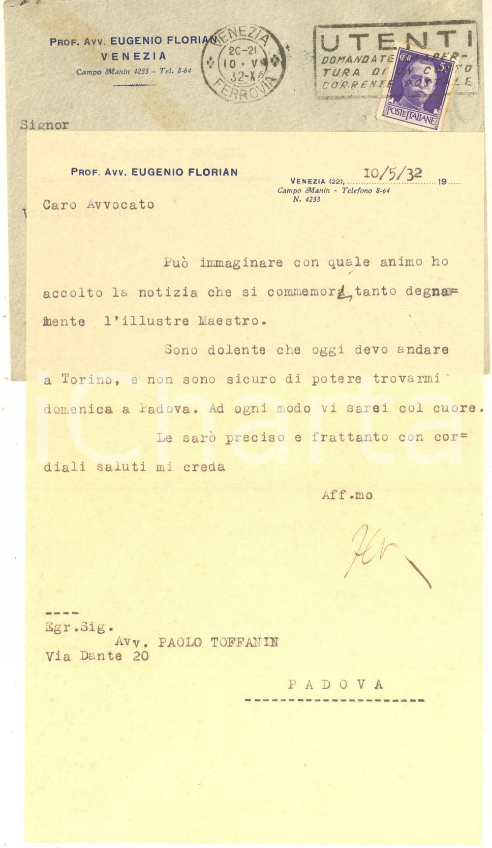 Autografo originale 1932 VENEZIA Lettera Eugenio FLORIAN per commemorazione AUTOGRAFO 1