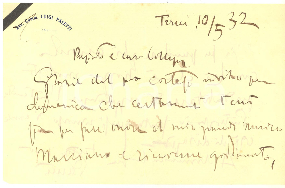 Autografo originale 1932 TERNI Lettera avv. Luigi PALETTI per invito a una cerimonia Autografo 1