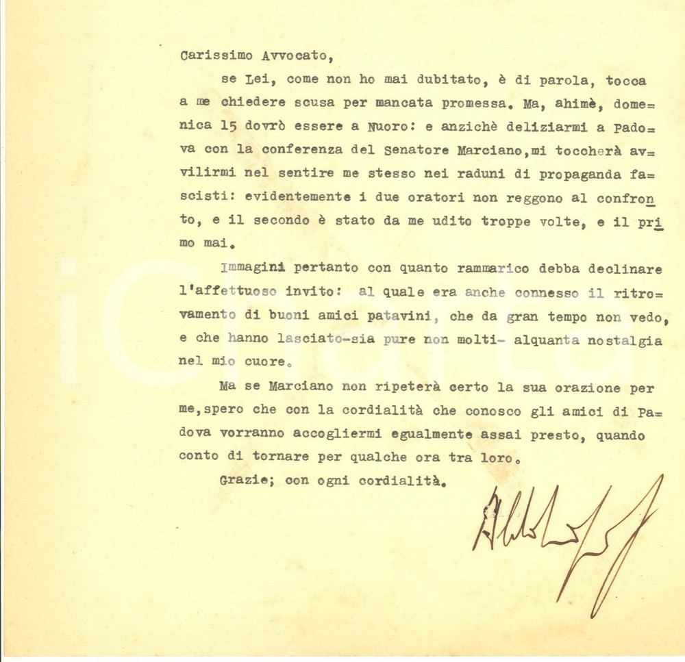 Autografo originale 1932 ROMA On. Aldo LUSIGNOLI a un raduno di propaganda fascista AUTOGRAFO 1