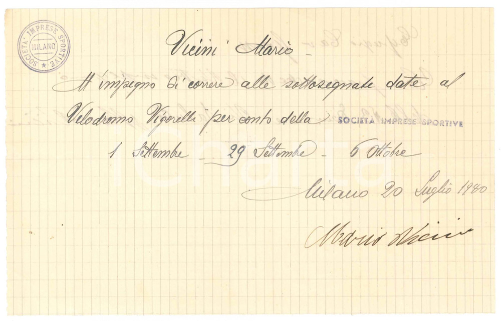 Autografo originale 1940 CICLISMO MILANO Mario VICINI conferma gare al Vigorelli  AUTOGRAFO 1