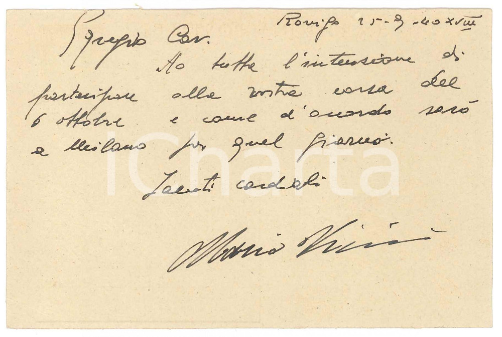 Autografo originale 1940 CICLISMO ROVIGO Mario VICINI conferma gara al Vigorelli  AUTOGRAFO 1