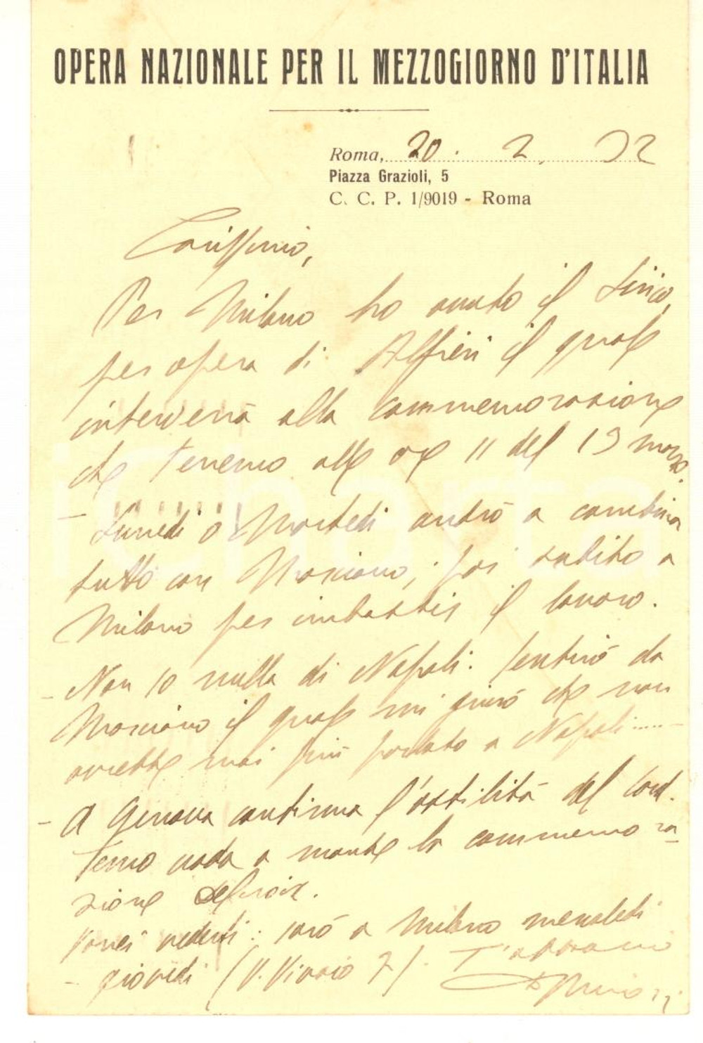 1932 ROMA Padre Giovanni MINOZZI - Opera Nazionale Mezzogiorno *AUTOGRAFO Cartolina intestata dell'Opera di padre Minozzi, con messaggio autografo relativo a un lavoro a Milano. FAIR/discreto lievi macchie Formato: 9x14 cm originale e autentica 1