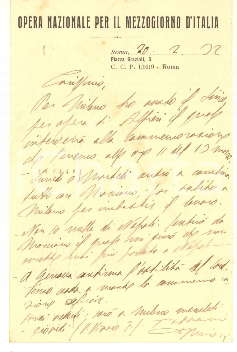Autografo originale 1932 ROMA Padre Giovanni MINOZZI  Opera Nazionale Mezzogiorno AUTOGRAFO 1
