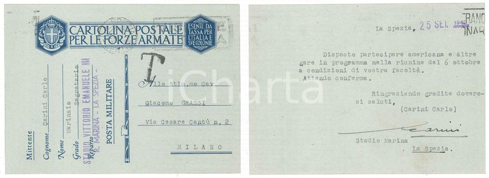 Autografo originale 1940 CICLISMO LA SPEZIA Carlo CARINI disponibile per nuove gare  AUTOGRAFO 1