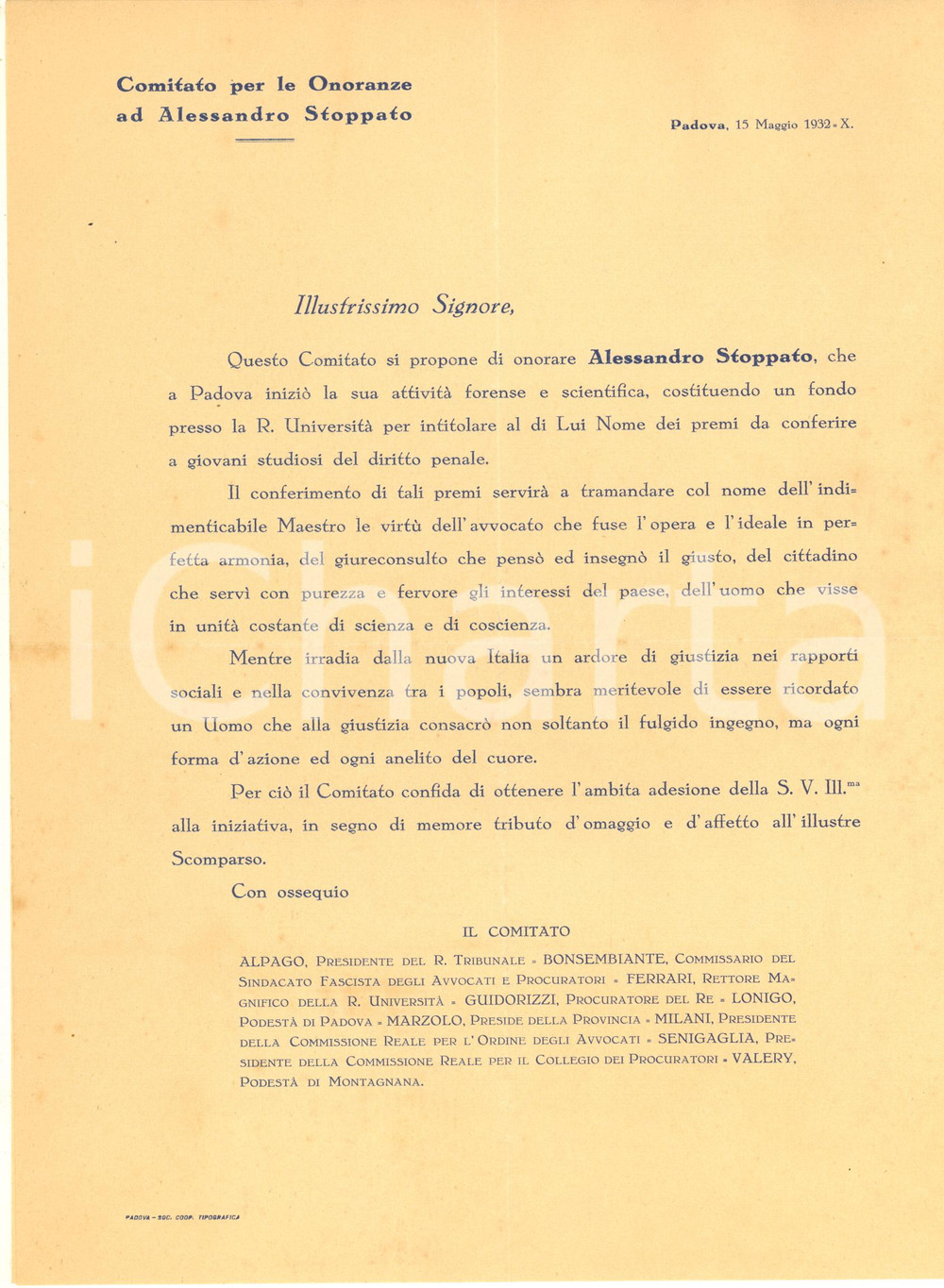 Documento originale, autentico 1932 PADOVA Comitato onoranze ad Alessandro Stoppato  Lettera 1
