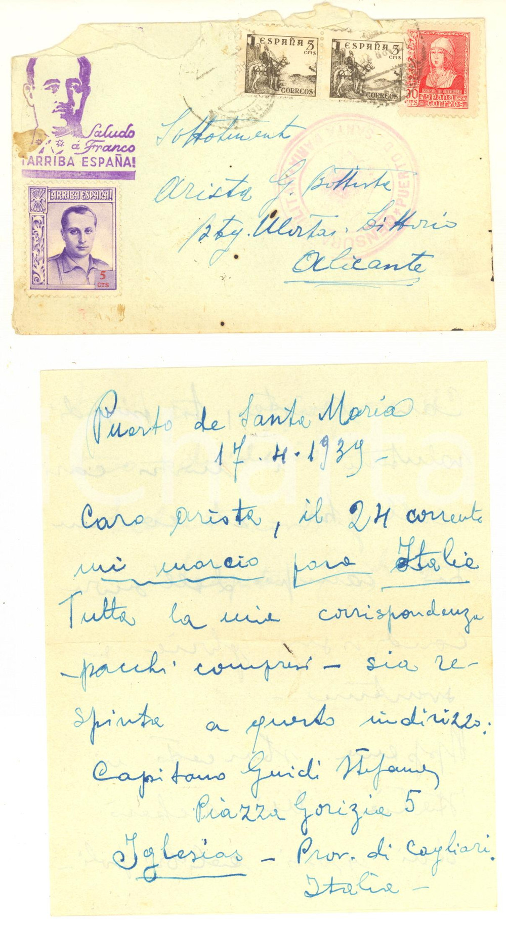 Manoscritto, lettera originale 1939 EL PUERTO DE SANTA MARIA Guerra civile spagnola Lettera cap. Stefano GUIDI 1