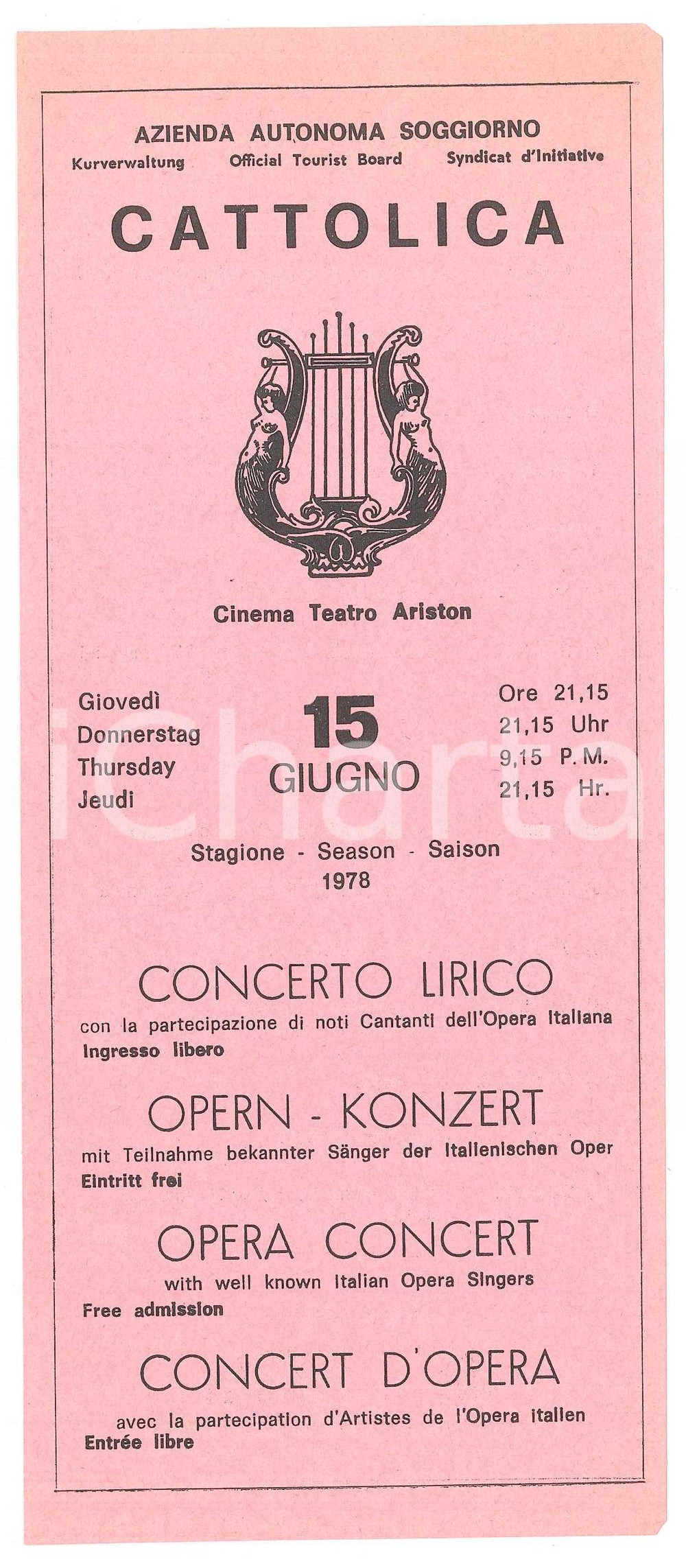 Oggetto da collezione cartaceo 1978 CATTOLICA Teatro Ariston  Concerto lirico con Ivan BENNET Volantino 3 1