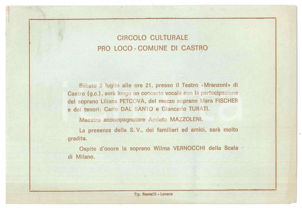 Oggetto da collezione cartaceo 1975 ca CASTRO Teatro Manzoni  Concerto lirico Liliana PETCOVA Carlo DAL SANTO 1