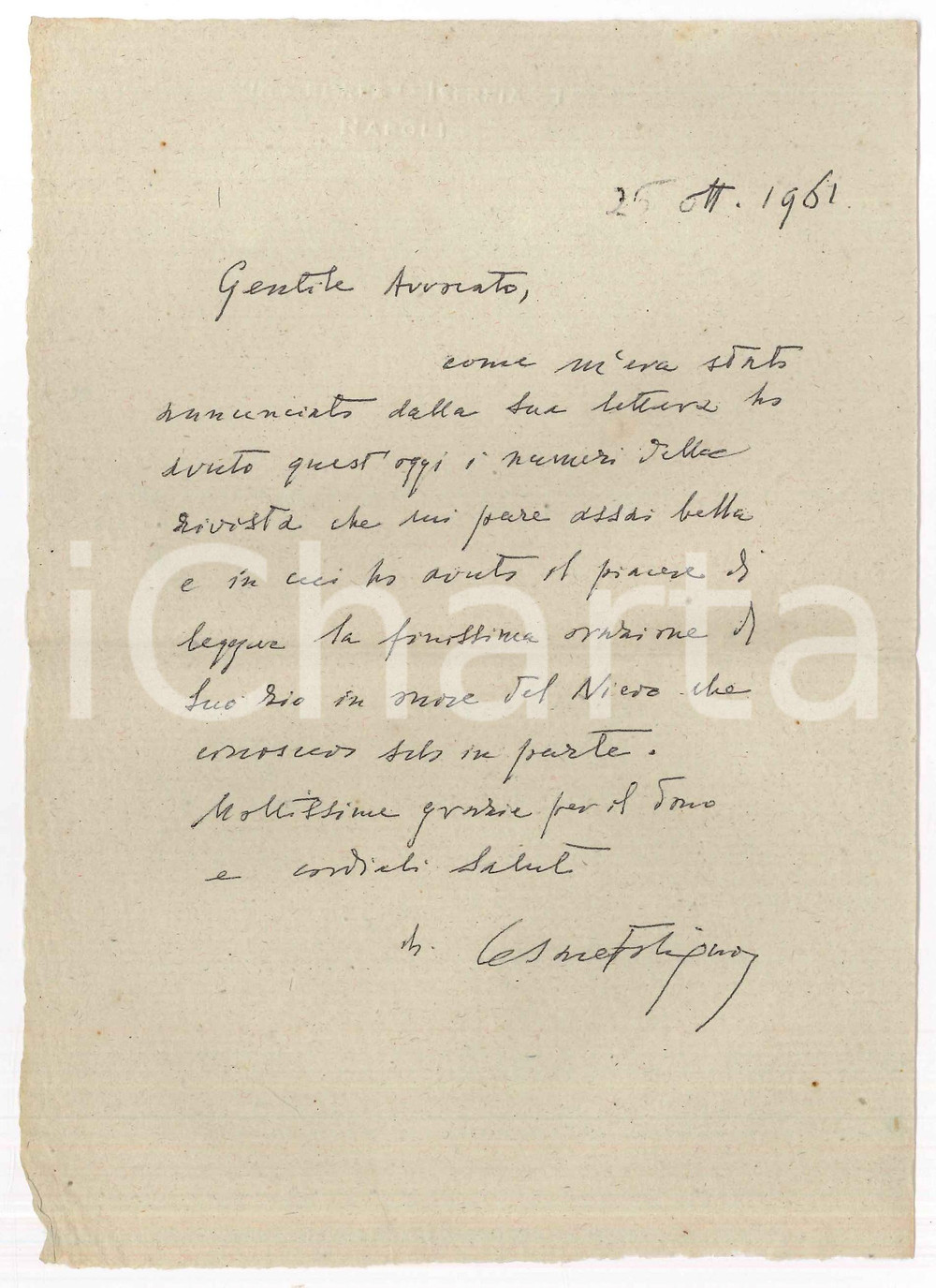Autografo originale 1961 NAPOLI Lettera Cesare FOLIGNO per rivista ricevuta  AUTOGRAFO 1