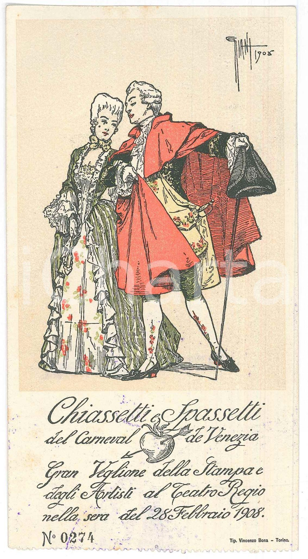 Oggetto da collezione cartaceo 1908 TORINO CARNEVALE Garn Veglione della Stampa  Biglietto ill. G. GIANI 1