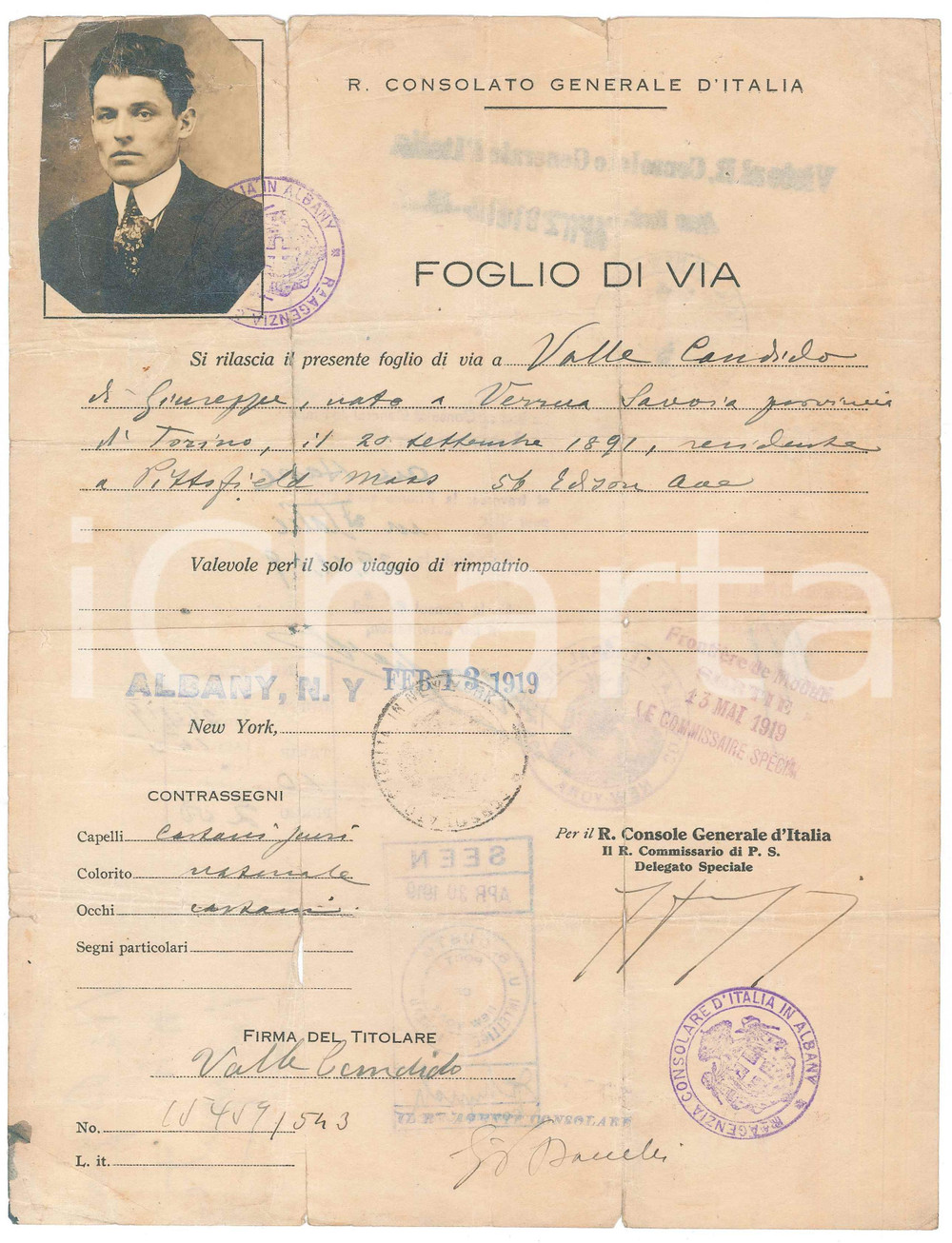 Documento originale, autentico 1919 ALBANY NY Foglio di via  Candido VALLE di VERRUA SAVOIA Con foto 1