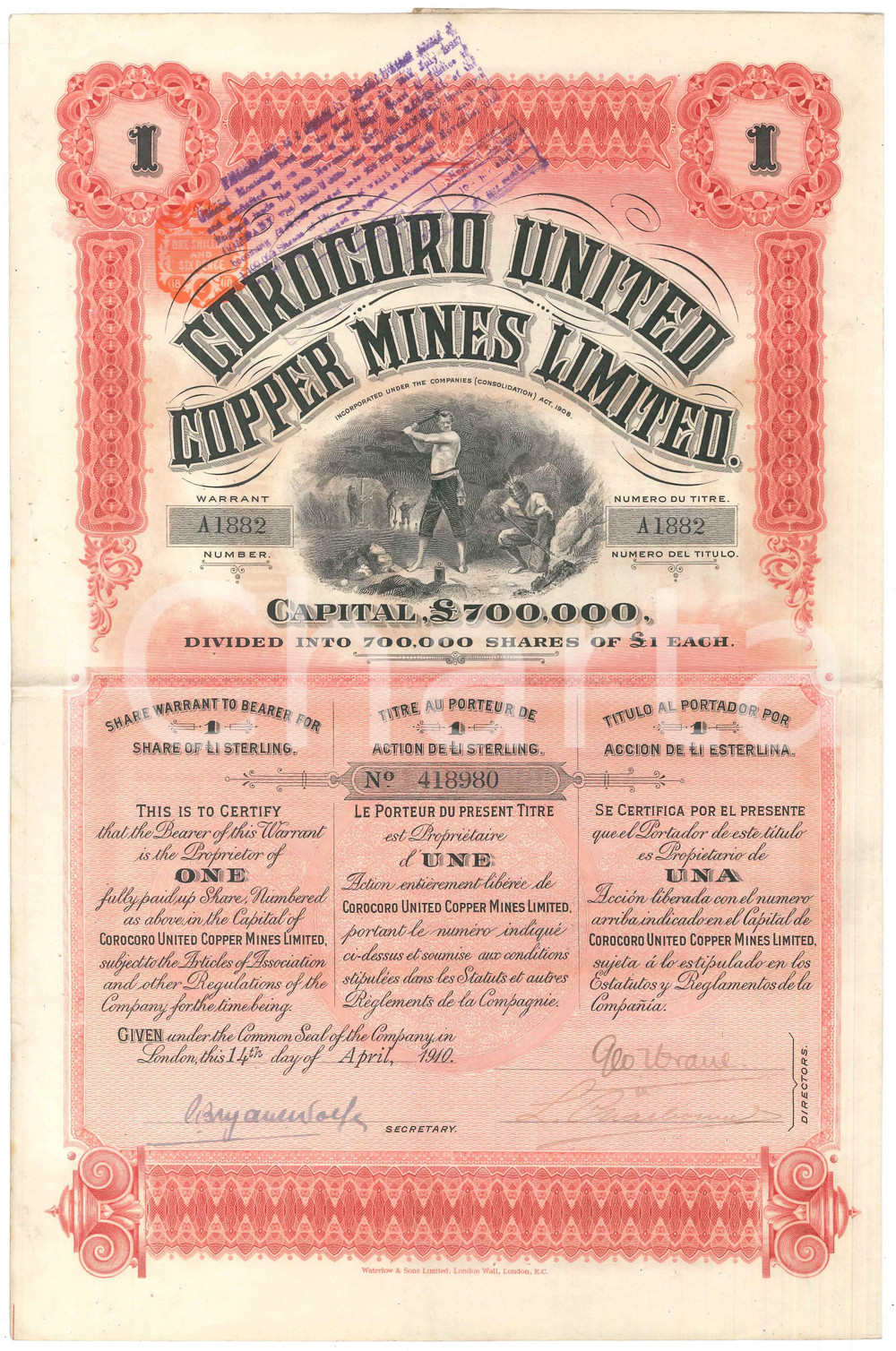 Oggetto da collezione cartaceo 1910 PARIS COROCORO UNITED  COPPER MINES ltd Certificato azionario 1