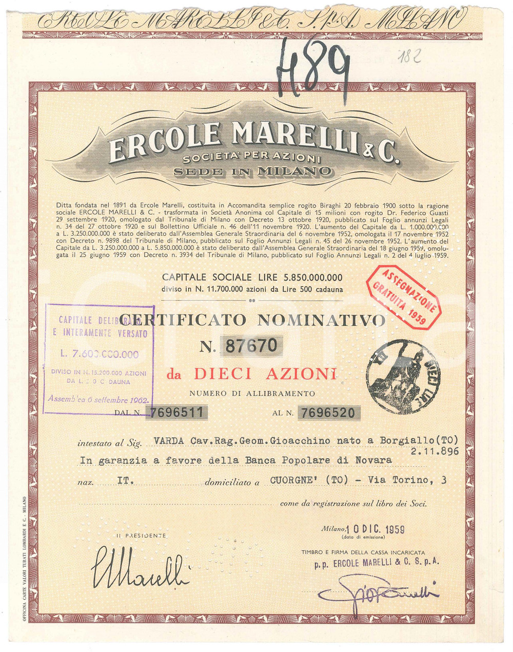 Oggetto da collezione cartaceo 1959 MILANO Ercole MARELLI & C.  Certificato azionario da dieci azioni 1