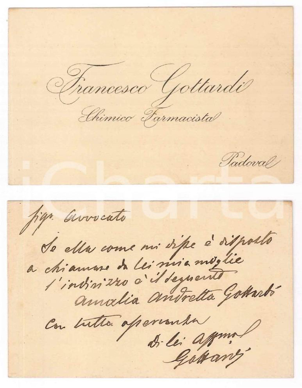 Autografo originale 1910 ca PADOVA Francesco GOTTARDI chimico farmacista  Biglietto autografo 1