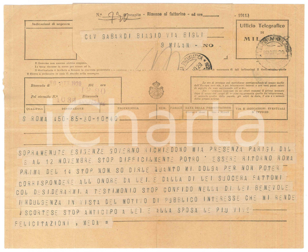 Documento originale, autentico 1920 MILANO Telegramma Filippo MEDA  Mancato testimonio nozze GABARDI 1