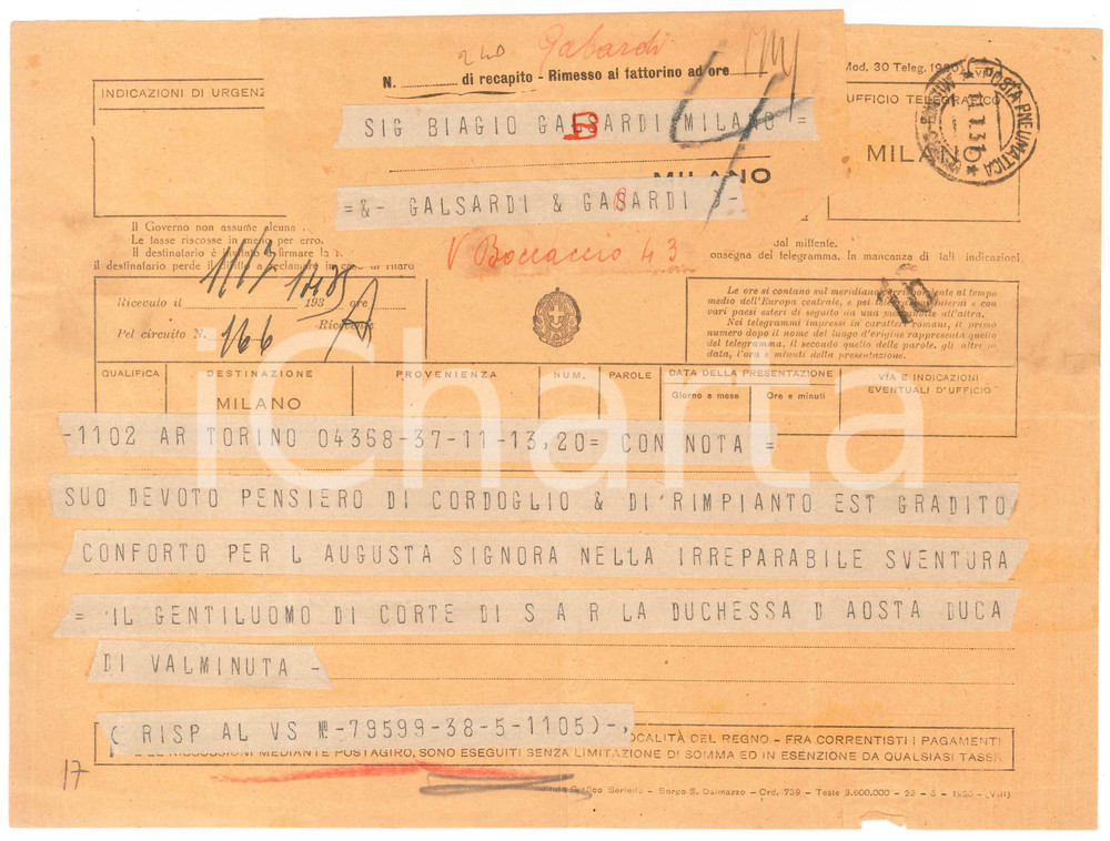 Documento originale, autentico 1931 TORINO Telegramma Duca di Valminuta  Gentiluomo S.A.R. Duchessa d Aosta 1