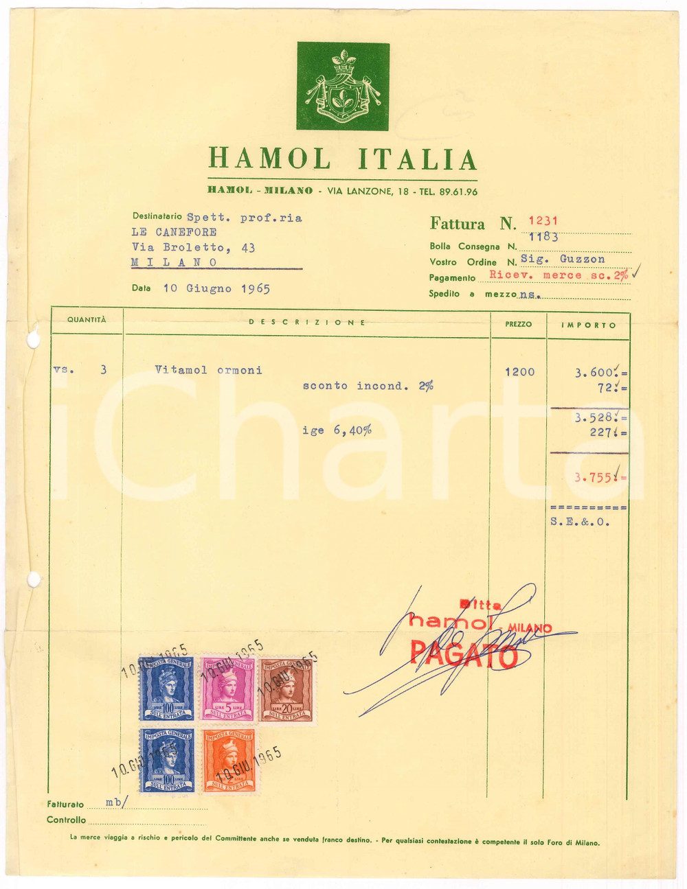 Documento originale, autentico 1965 MILANO Via Lanzone 18 HAMOL ITALIA Fattura per ormoni 22x29 cm 1