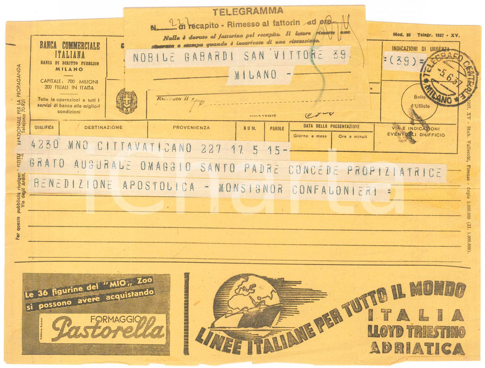 Documento originale, autentico 1937 CITTA  DEL VATICANO Telegramma mons. Carlo CONFALONIERI  Benedizione 1