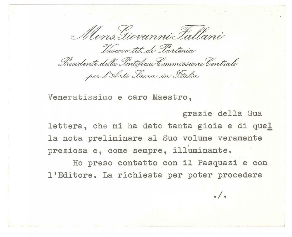 Autografo originale 1980 ca ROMA Mons. Giovanni FALLANI in contatto con editore Biglietto autografo 1