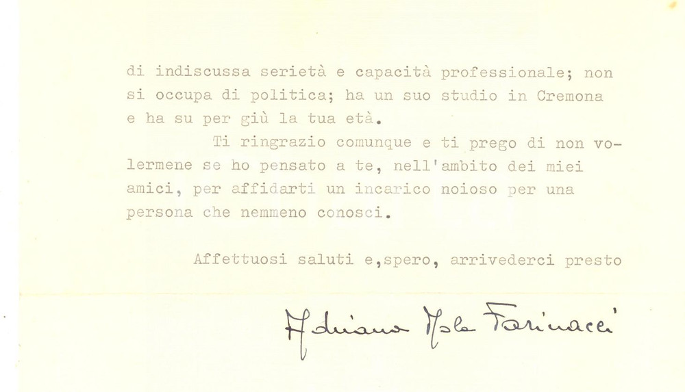 Autografo originale 1976 CREMONA Lettera Adriana MOLA FARINACCI per aiuto a un amico Autografo 1