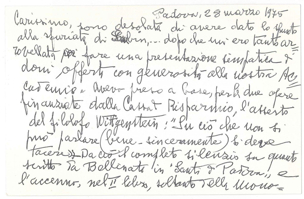 Autografo originale 1975 PADOVA Cesira GASPAROTTO delusa per le critiche  Biglietto AUTOGRAFO 1