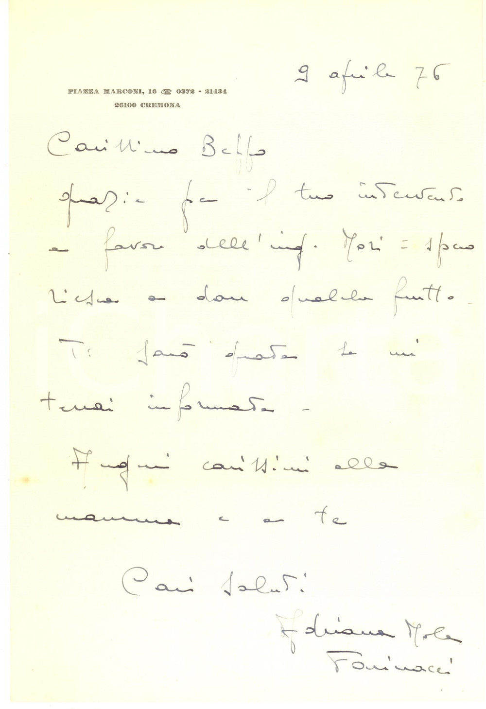 Autografo originale 1976 CREMONA Adriana MOLA FARINACCI sull aiuto a un amico Autografo 1