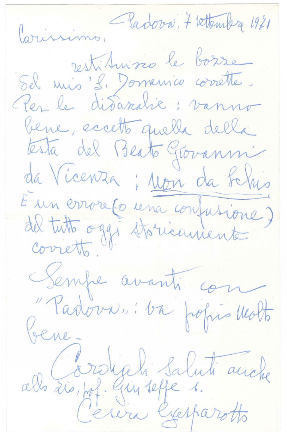 Autografo originale 1971 PADOVA Cesira GASPAROTTO sulle bozze del S. Domenico   Lettera AUTOGRAFA 1