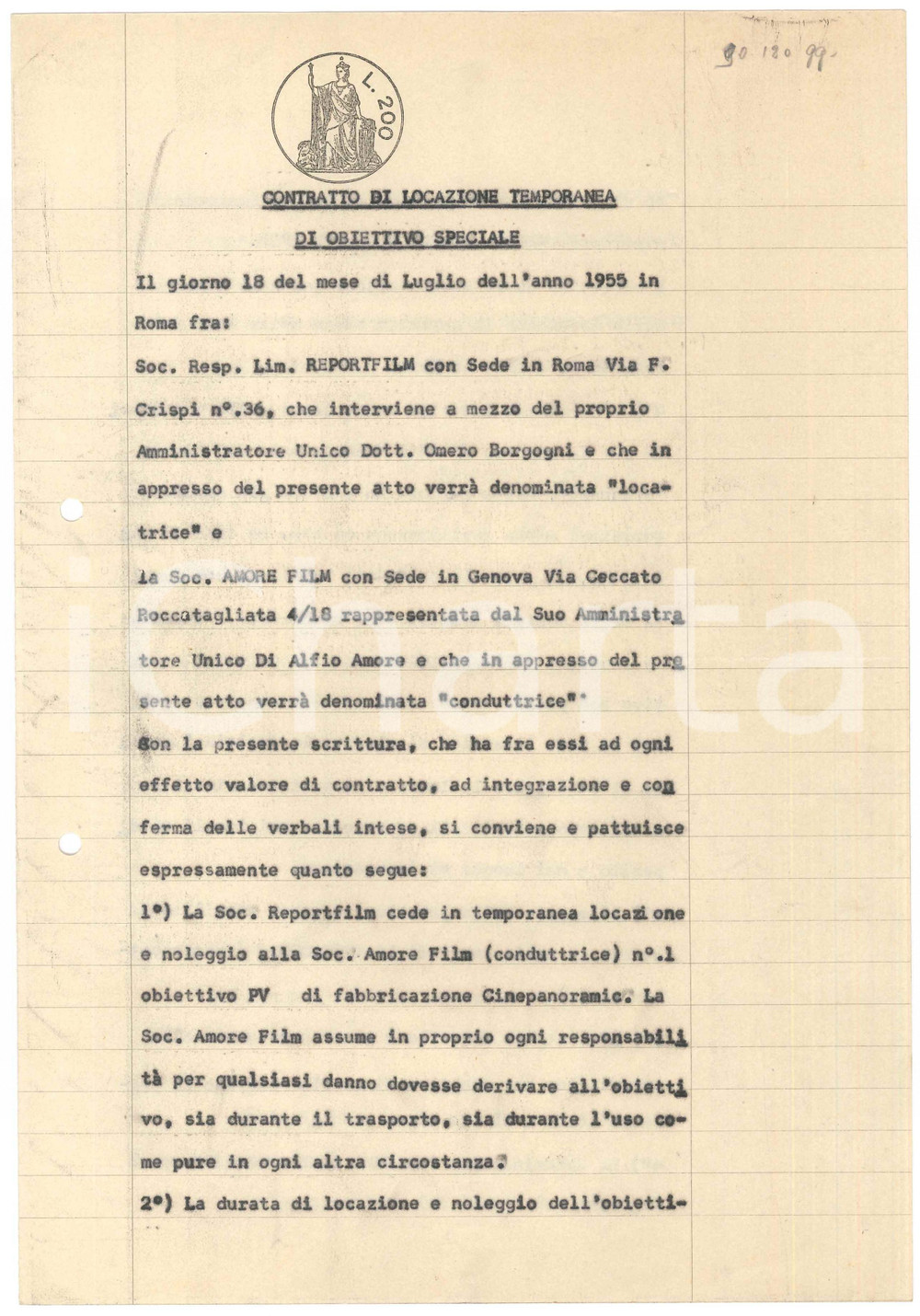 Documento originale, autentico 1955 CINEMA ROMA Contratto tra REPORTFILM e AMORE FILM per locazione obiettivo 1