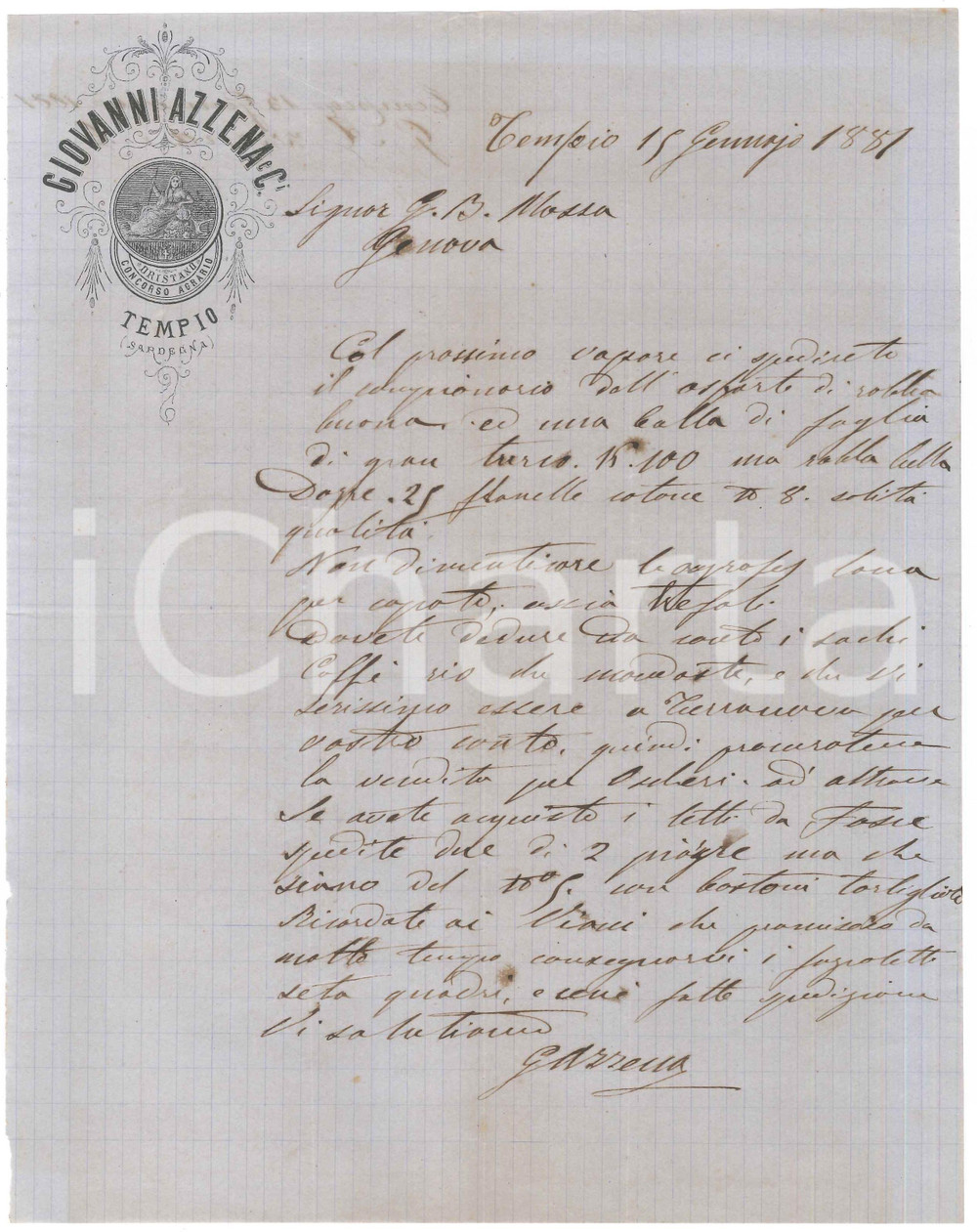 Documento originale, autentico 1881 SARDEGNA TEMPIO PAUSANIA  Giovanni AZZENA  Lettera per invio cotone 1