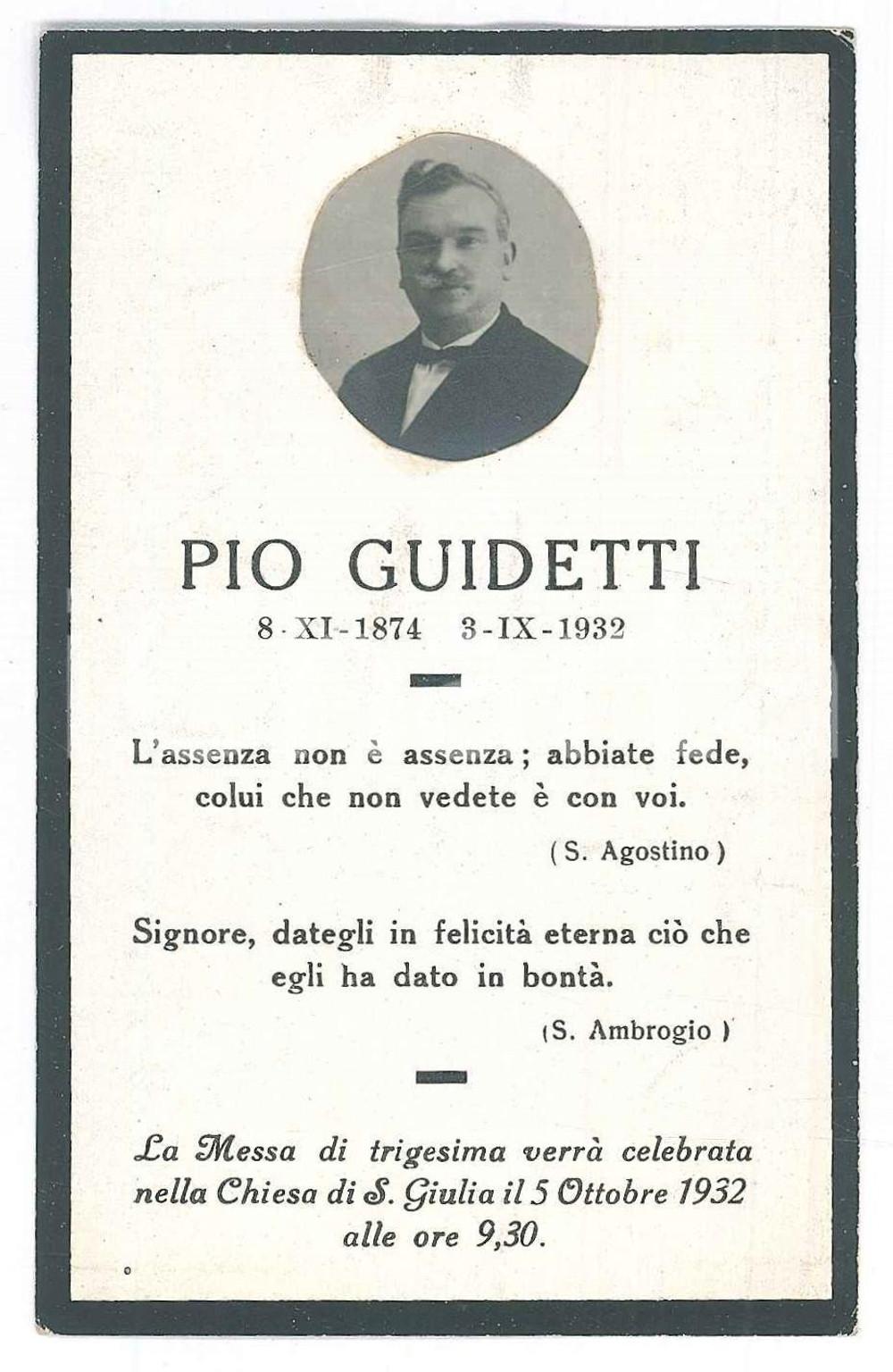 Oggetto da collezione cartaceo 1932 ITALIA In memoria di Pio GUIDETTI Santino ILLUSTRATO 7x11 cm 1
