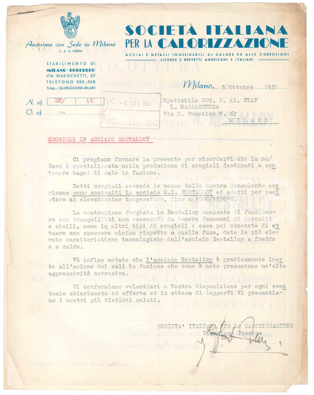 Documento originale, autentico 1951 MILANO ROGOREDO SocietÃ  Italiana Calorizzazione Crogioli acciaio RESTALLOY 1