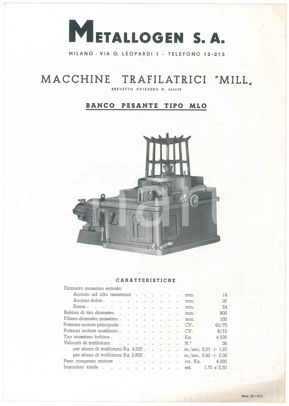 Materiale pubblicitario d’epoca 1950 ca MILANO  METALLOGEN  Macchine trafilatrici MILL Banco pesante Scheda 1