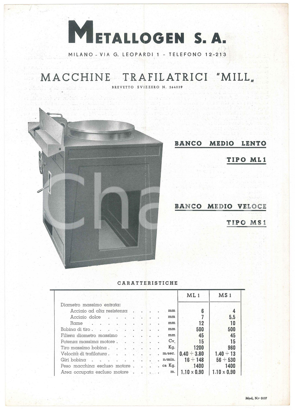 Materiale pubblicitario d’epoca 1950 ca MILANO Ditta METALLOGEN  Macchine trafilatrici MILL ML1 MS1 Scheda 1